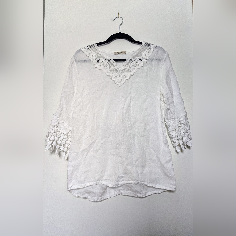 Vanessa Alexandra White Embroidered 100%  Linen Tunic Coverup Top sz L